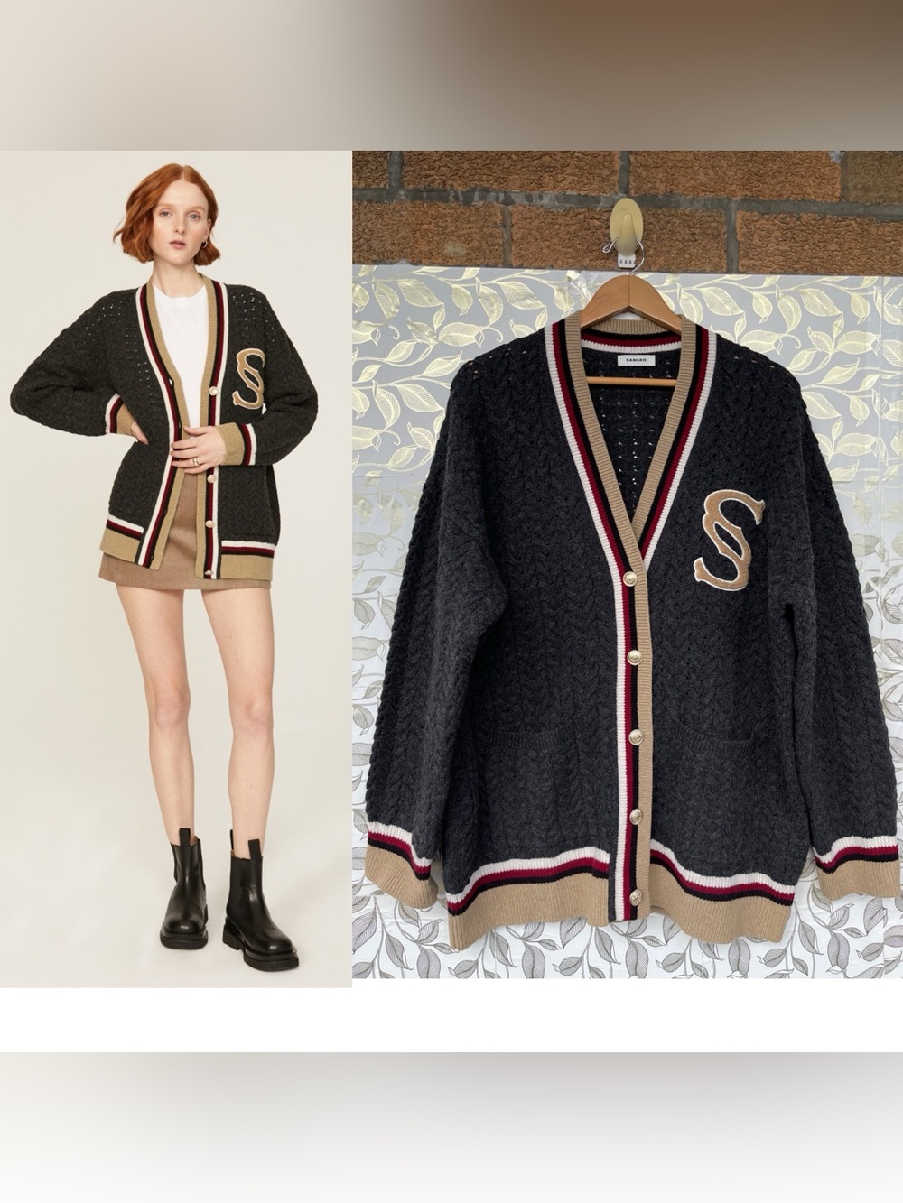 SANDRO Paris Wool Varsity Cardigan Oversized Dark Academia Preppy Sweater 4 XL